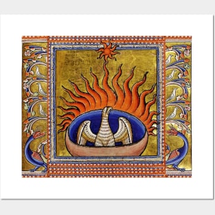 MEDIEVAL BESTIARY,PHOENIX IN RED FLAMES,TREE OF LIFE ,BIRDS,DRAGONS FANTASTIC ANIMALS IN GOLD RED BLUE COLORS Posters and Art